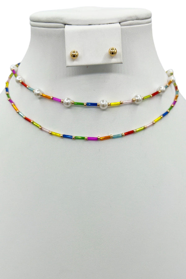Multi Color Pearl Station Necklace Set