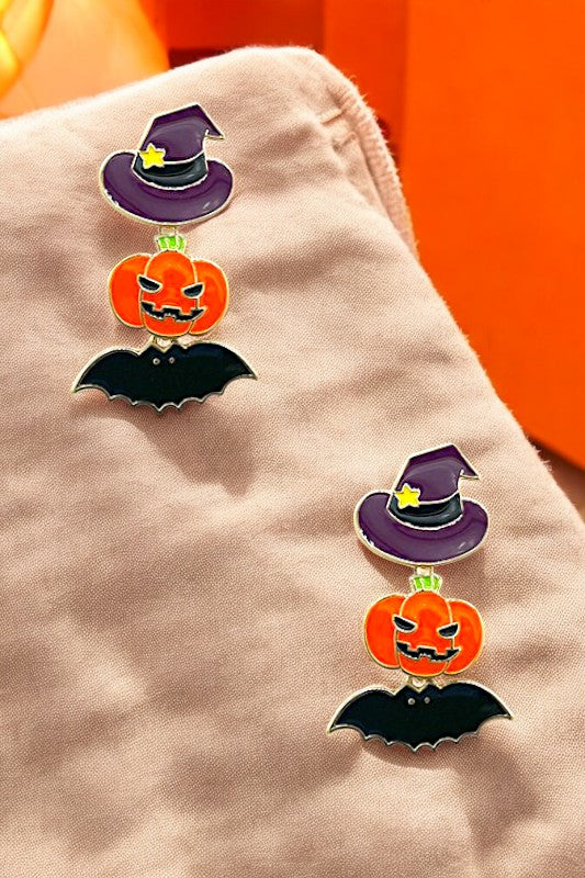 Scary Pumpkin Witch Hat Drop Earring