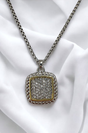 Rhinestone Square Pendant Cable Chain Necklace Set