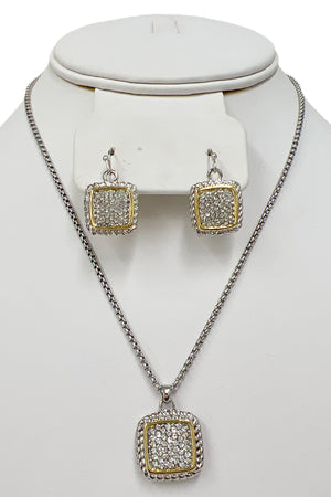 Rhinestone Square Pendant Cable Chain Necklace Set