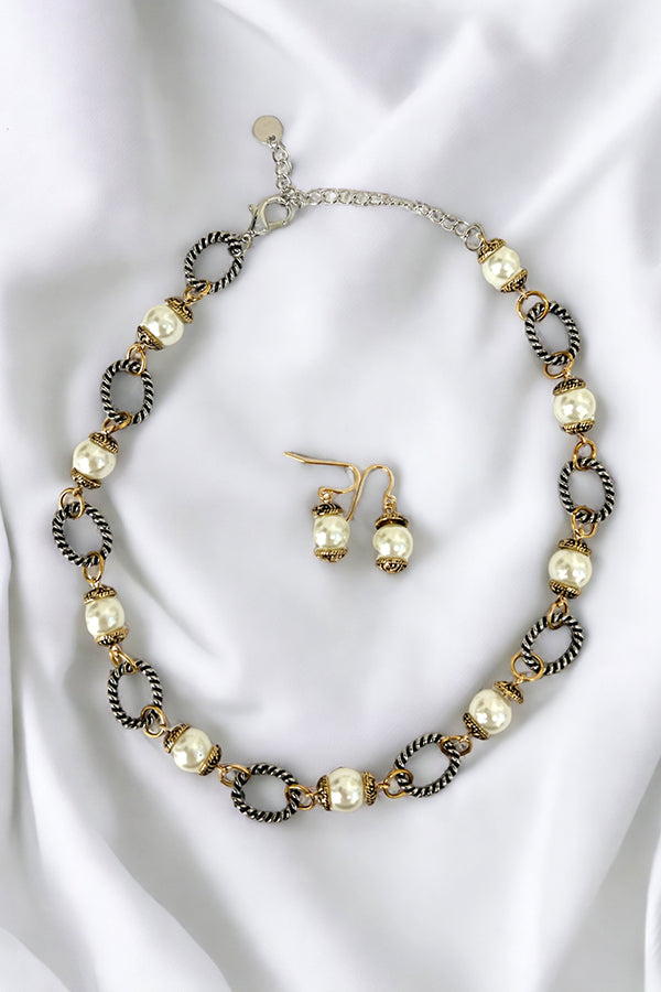 Cable Link Pearl Collar Necklace set