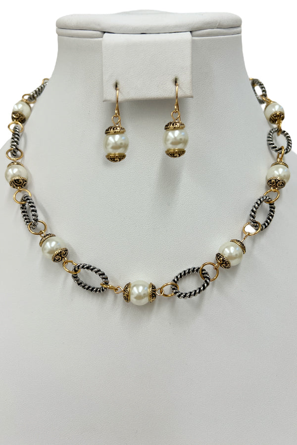 Cable Link Pearl Collar Necklace set