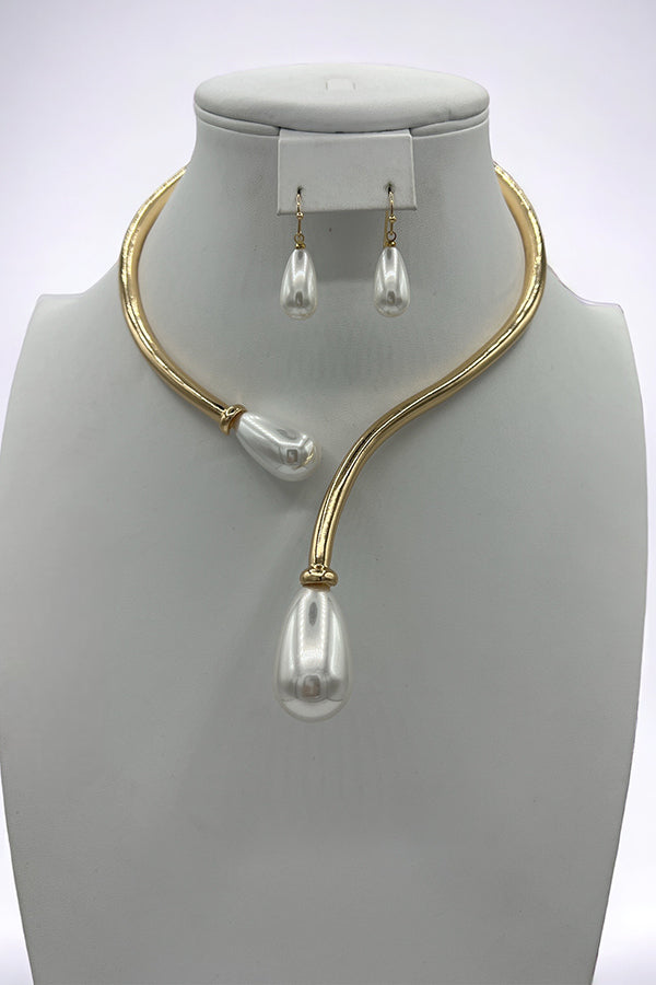 Teardrop Pearl Tip Collar Necklace Set