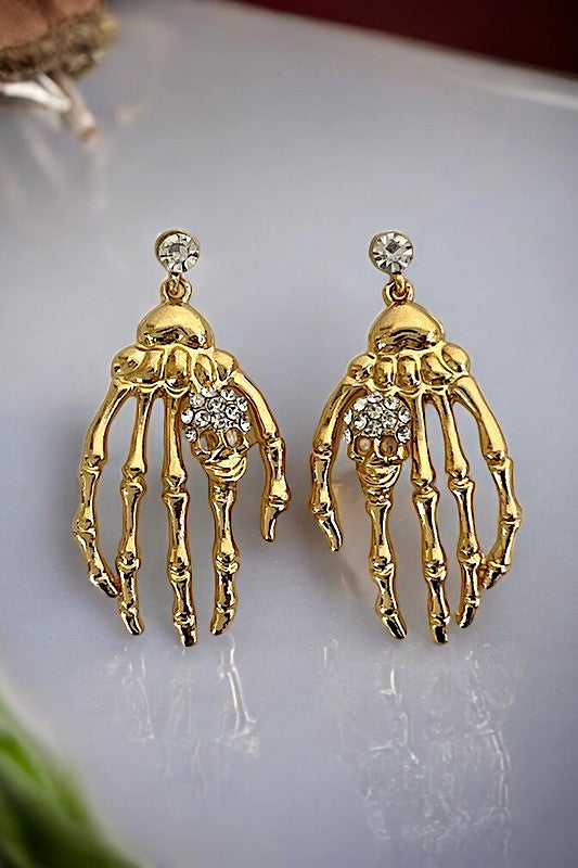 Skeleton Hand Skull Accent Dangle Earring