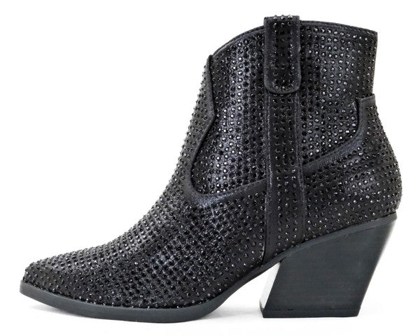 Women Pointed Toe Low Heel Rhinestone Western Ankle Boot with Side Zipper 12D