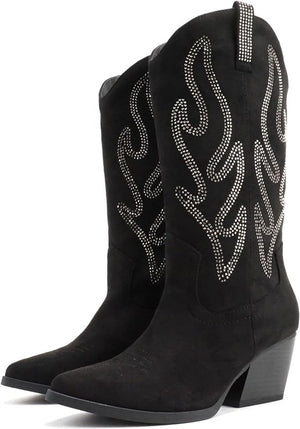 Western Low Heel Rhinestone Mid-Calf Western Boot A8