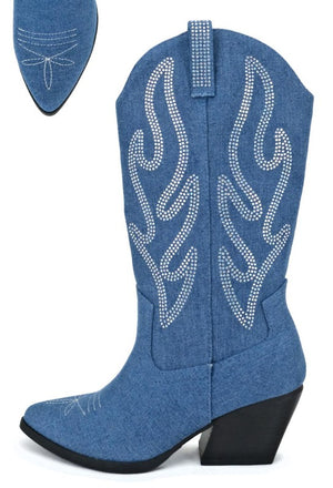 Western Low Heel Rhinestone Mid-Calf Western Boot A8