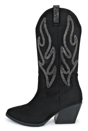 Western Low Heel Rhinestone Mid-Calf Western Boot A8