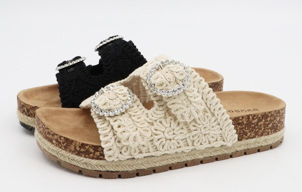 Rhinestone Buckle Woven Slide Sandal