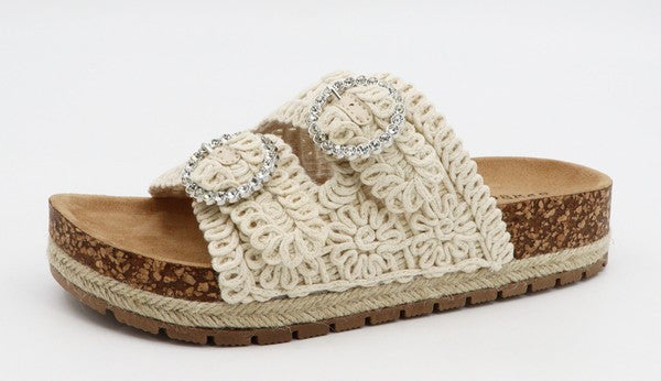 Rhinestone Buckle Woven Slide Sandal