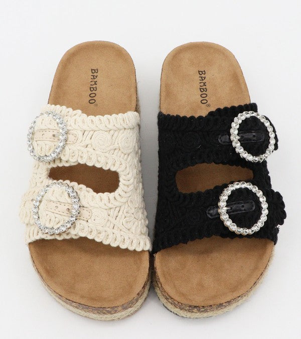 Rhinestone Buckle Woven Slide Sandal