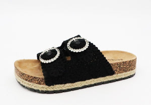 Rhinestone Buckle Woven Slide Sandal