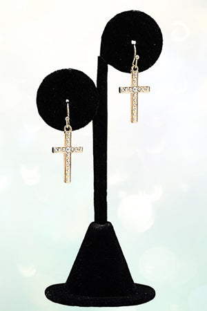 RHINESTONE PAVE CROSS DANGLE EARRING