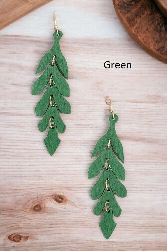 NARROW WOOD LEAF DANGLE EARRING