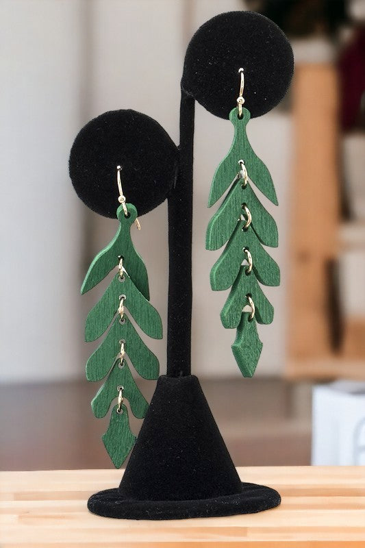 NARROW WOOD LEAF DANGLE EARRING