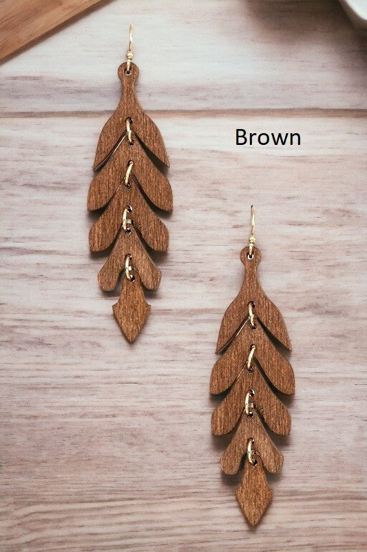 NARROW WOOD LEAF DANGLE EARRING