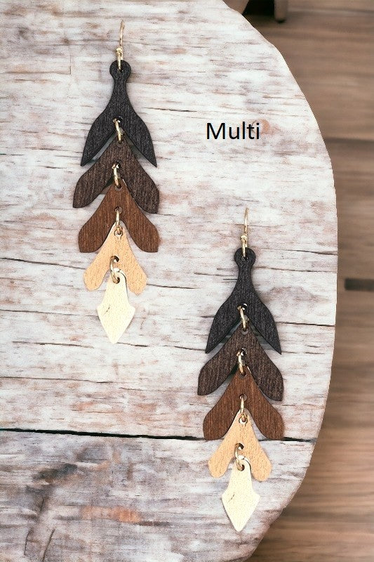 NARROW WOOD LEAF DANGLE EARRING