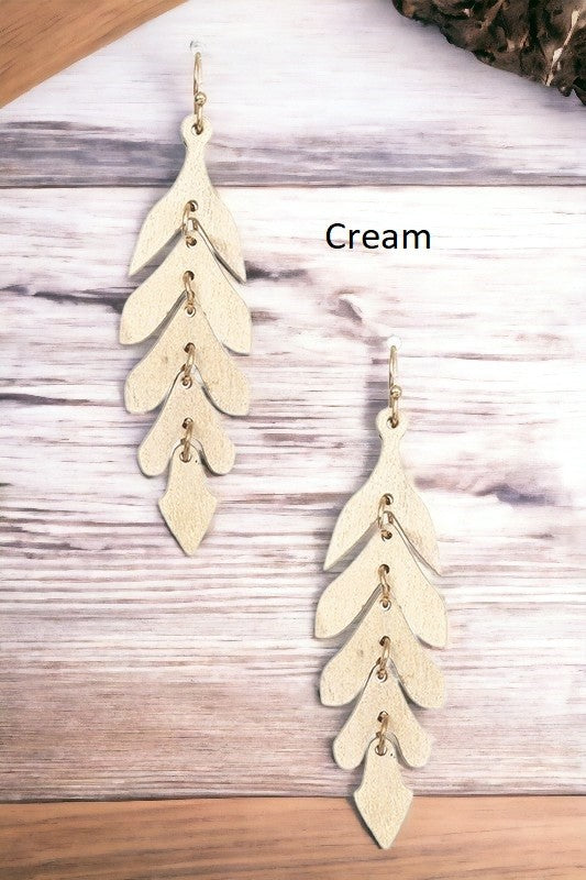 NARROW WOOD LEAF DANGLE EARRING