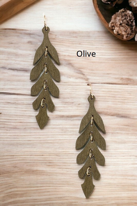 NARROW WOOD LEAF DANGLE EARRING