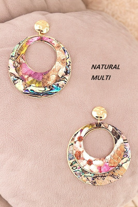 ROUND FLORAL PRINT DOUBLE DANGLE EARRING