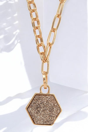 HEXAGON FAUX DRUZY STONE PENDANT NECKLACE