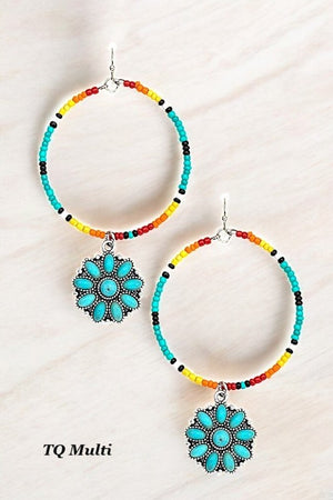 BEADED HOOP FLORAL GEM DANGLE EARRING