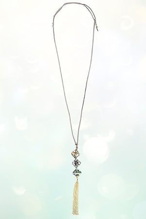 Abalone Diamond Shape Stone Tassel Cord Necklace