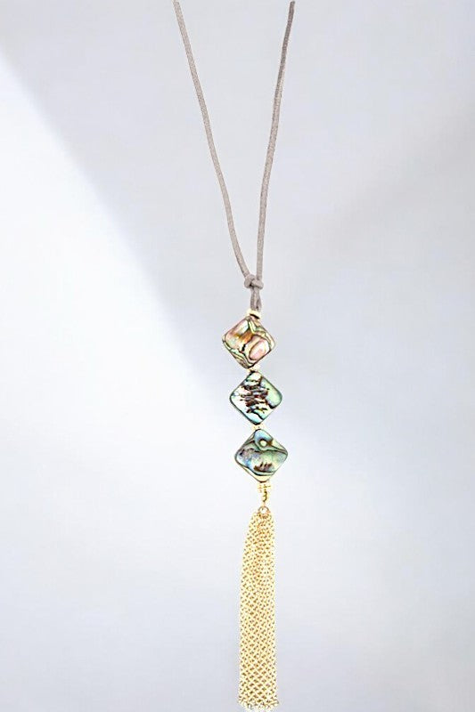 Abalone Diamond Shape Stone Tassel Cord Necklace