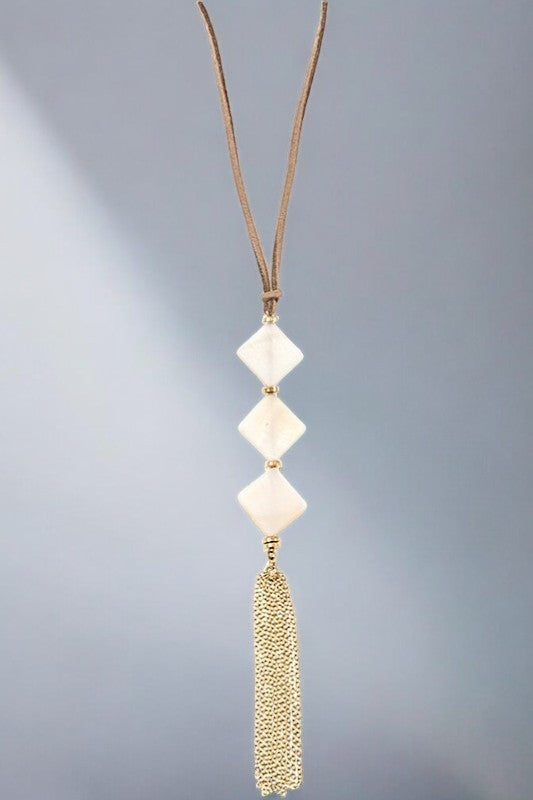 Abalone Diamond Shape Stone Tassel Cord Necklace