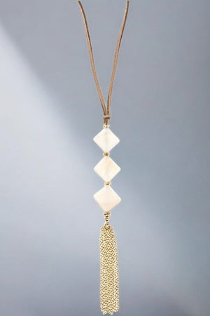 Abalone Diamond Shape Stone Tassel Cord Necklace