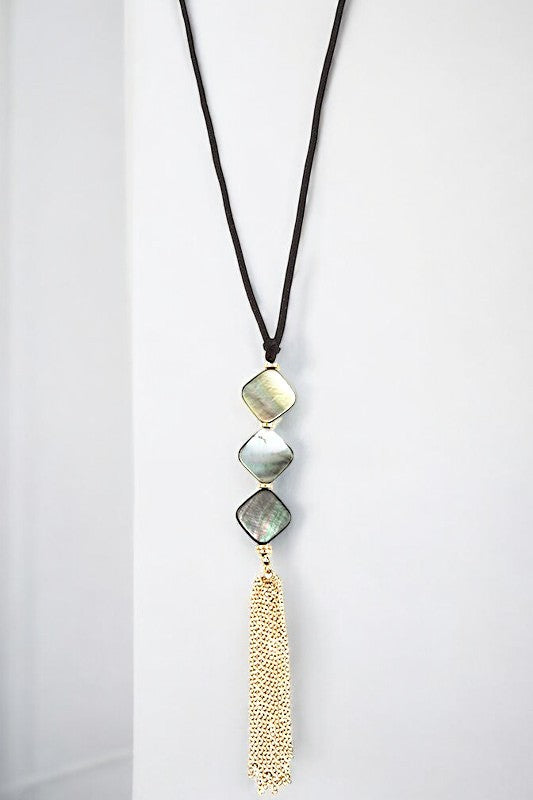 Abalone Diamond Shape Stone Tassel Cord Necklace