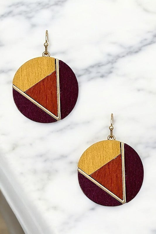 GEO WOOD CUT ROUND DANGLE EARRING