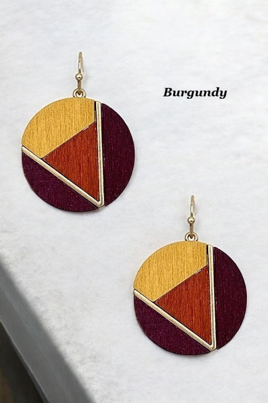 GEO WOOD CUT ROUND DANGLE EARRING