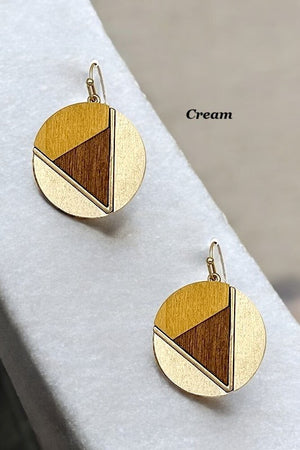 GEO WOOD CUT ROUND DANGLE EARRING