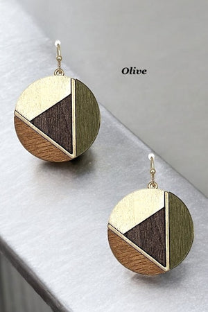 GEO WOOD CUT ROUND DANGLE EARRING