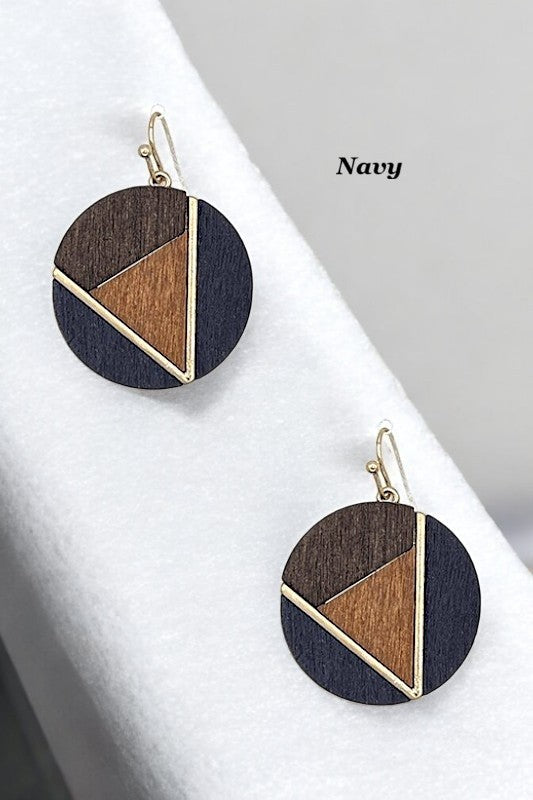 GEO WOOD CUT ROUND DANGLE EARRING