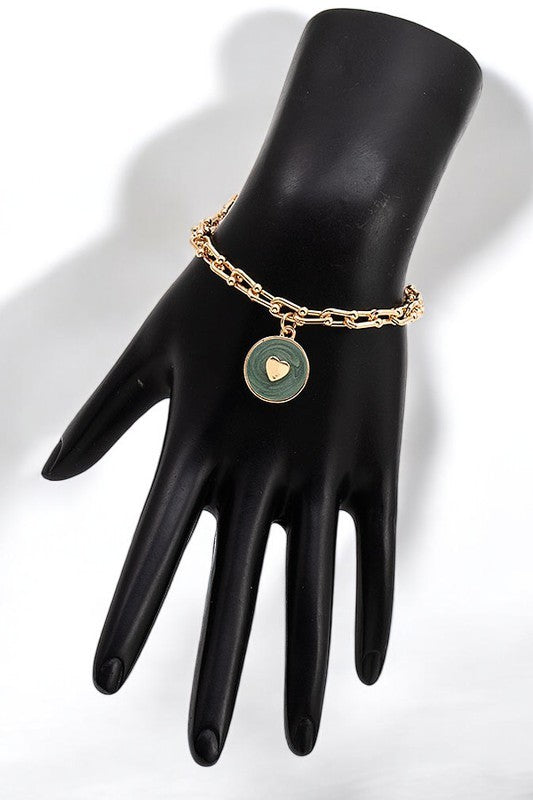 Chain Disk Heart Accent Chain Bracelet