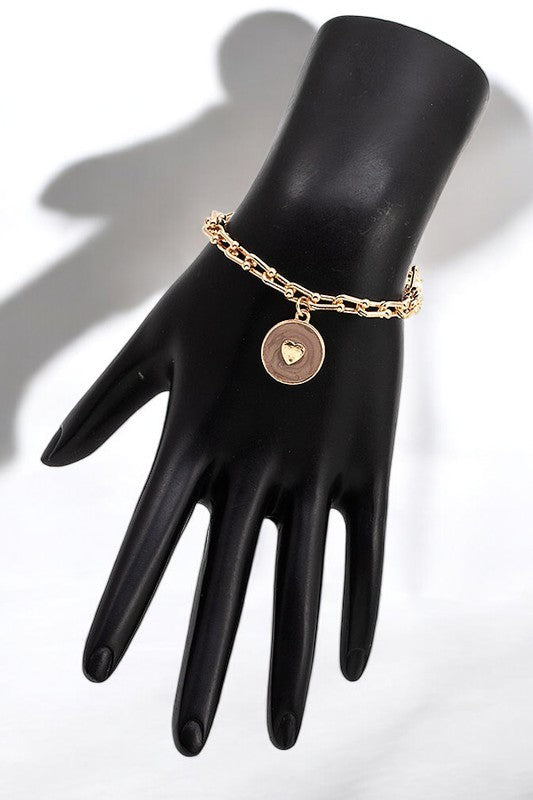 Chain Disk Heart Accent Chain Bracelet