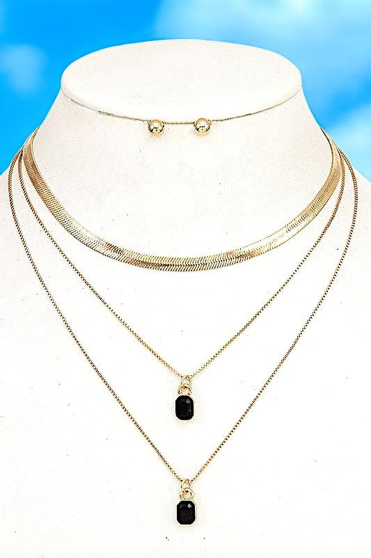 FLAT CHAIN LAYERED GEM PENDANT NECKLACE SET