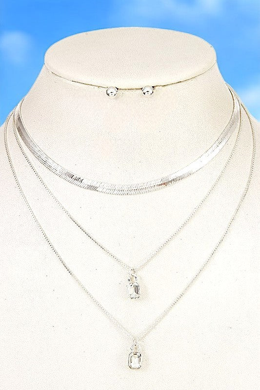 FLAT CHAIN LAYERED GEM PENDANT NECKLACE SET