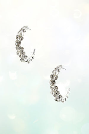 Cluster Gem Pearl Semi Hoop Earring