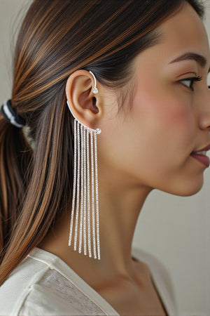 CRYSTAL GEM AND RHINESTONE FRINGE DROP EAR CUFF EARRING