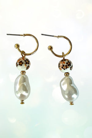 BAROQUE PEARL CERAMIC BEAD SEMI HOOP EARRING