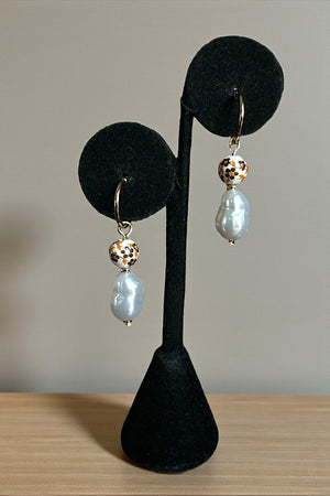 BAROQUE PEARL CERAMIC BEAD SEMI HOOP EARRING