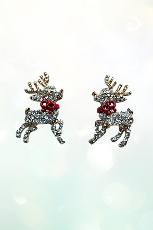 RHINESTONE PAVE RED BOW REINDEER POST EARRING