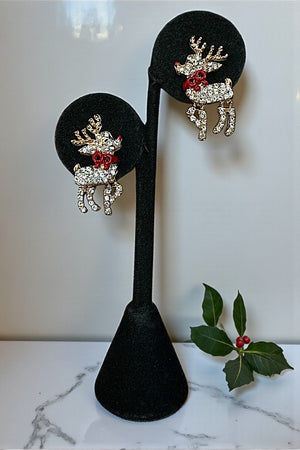RHINESTONE PAVE RED BOW REINDEER POST EARRING