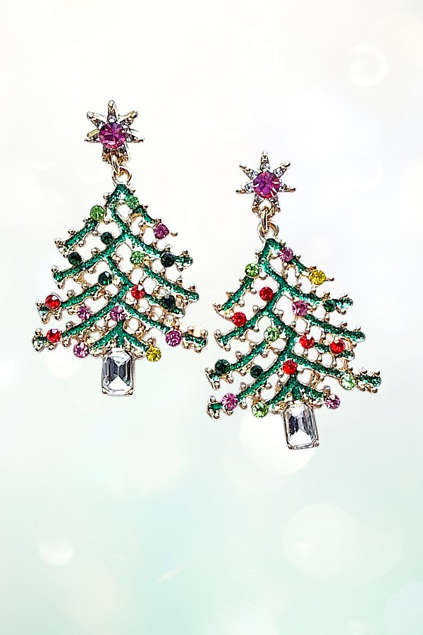 RHINESTONE ACCENT CHRISTMAS TREE DANGLE EARRING