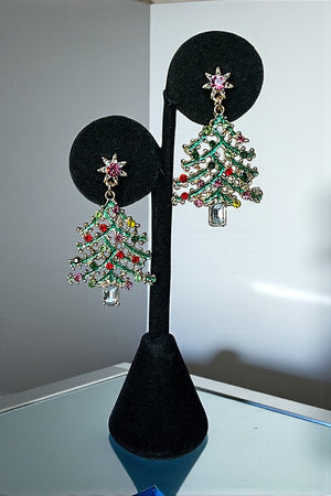 RHINESTONE ACCENT CHRISTMAS TREE DANGLE EARRING