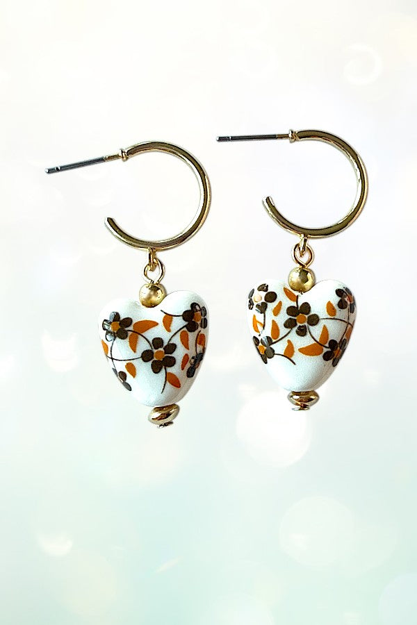 CERAMIC HEART DANGLE SEMI HOOP EARRING
