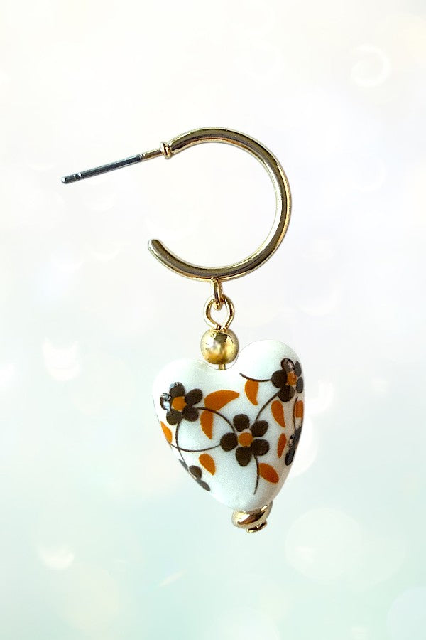 CERAMIC HEART DANGLE SEMI HOOP EARRING